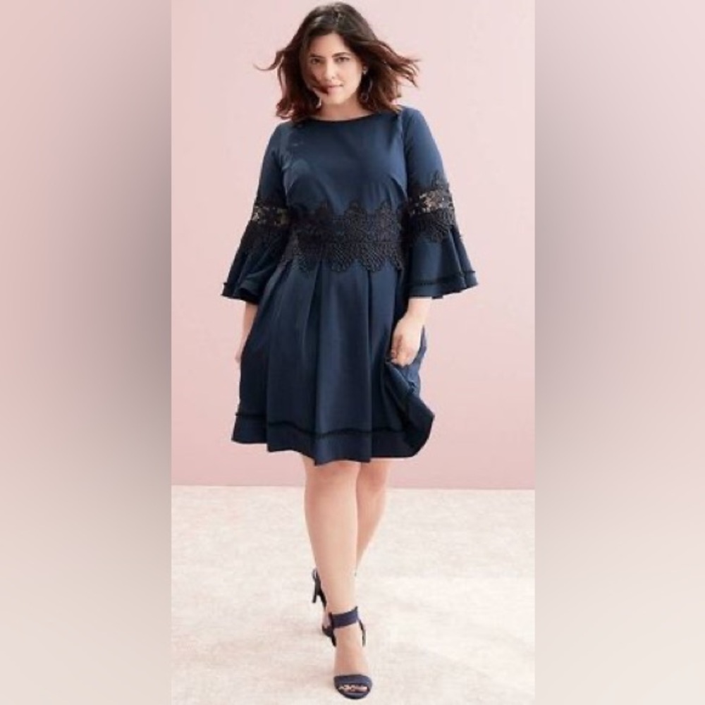 Eliza J Womens Navy Blue Lace Bell Sleeves Fit & Flare Cocktail Party Dress